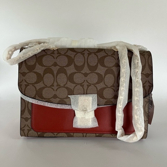 Coach Signature Lane Satchel w/ Chain - Khaki/Terracotta - Picture 2 of 9